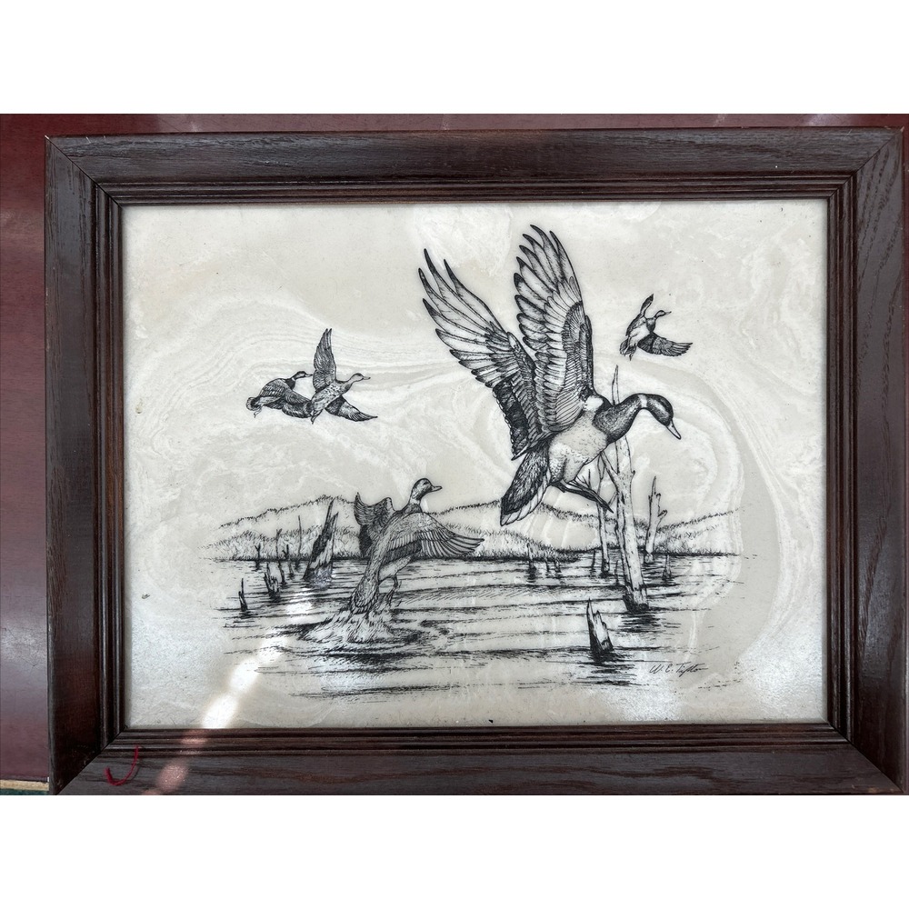 Vintage W.E. Tipton Flying Ducks Etched Marble Wildlife Art Signed Framed